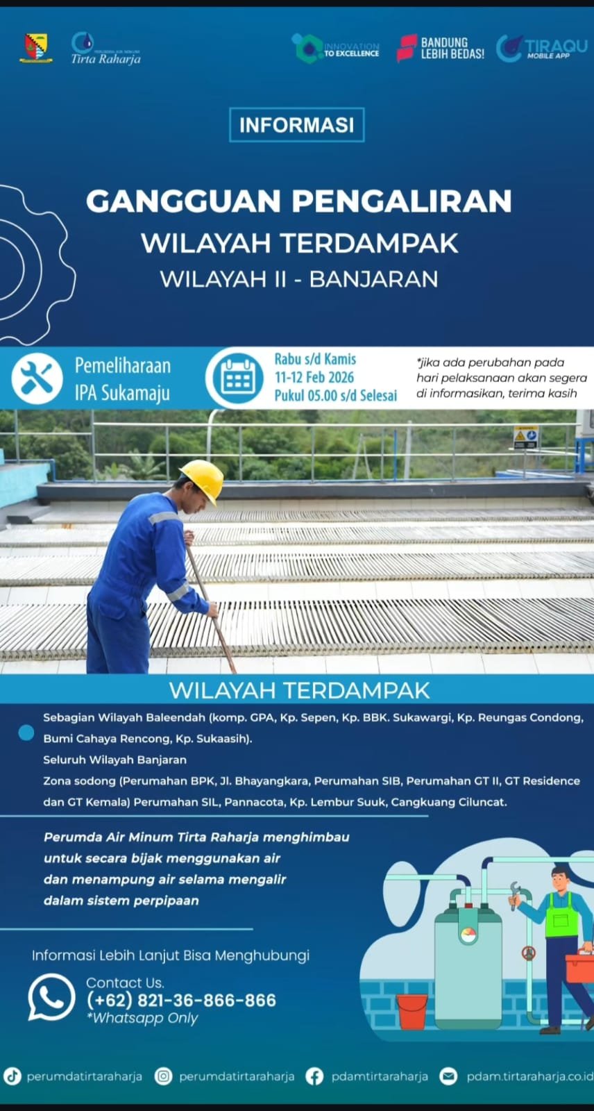 Pemeliharaan IPA Sukamaju 11–12 Februari 2026, Distribusi Air di Wilayah Banjaran Terdampak