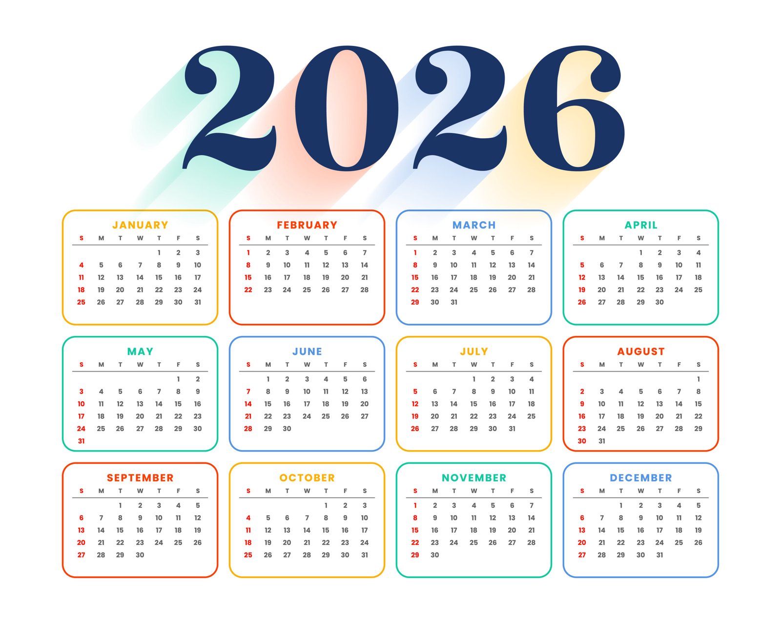 line style colorful 2026 monthly calendar template Kalender 2026